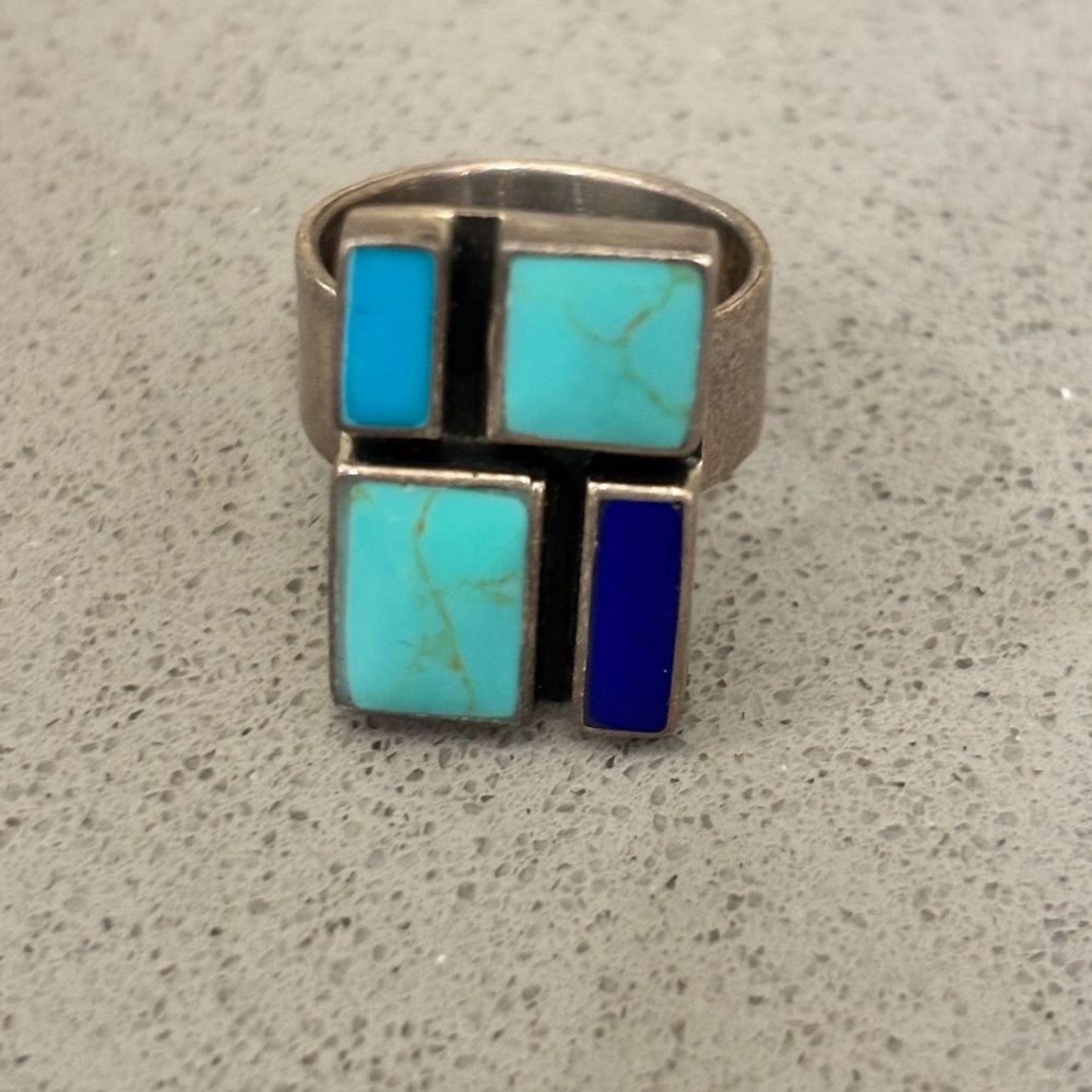 Sterling Silver Inlay Ring with Turquoise and Lapis. Size 5.5.